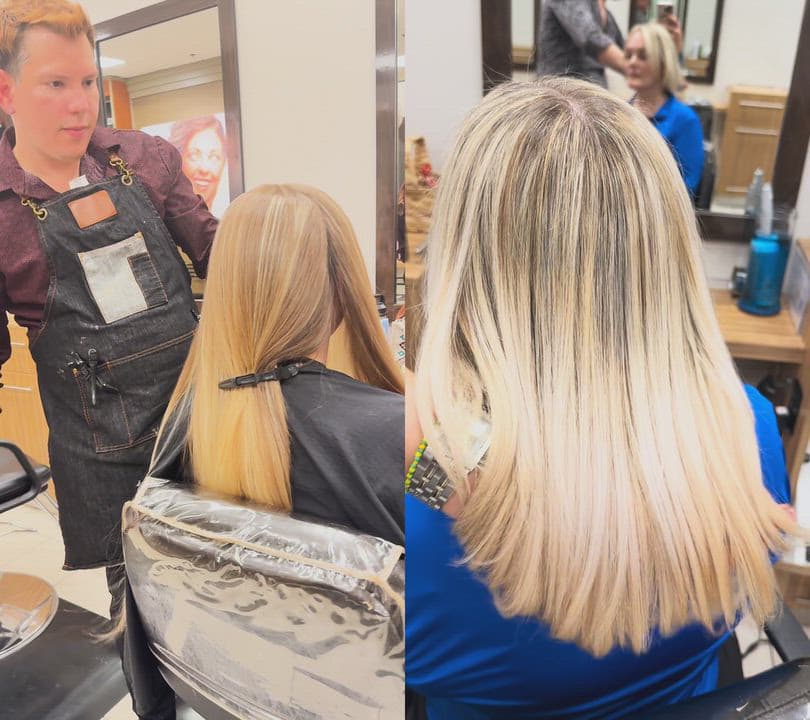 Rudy Perez at work beside the finished color: balayage, blonding, blowouts and cuts at The Real Blossom